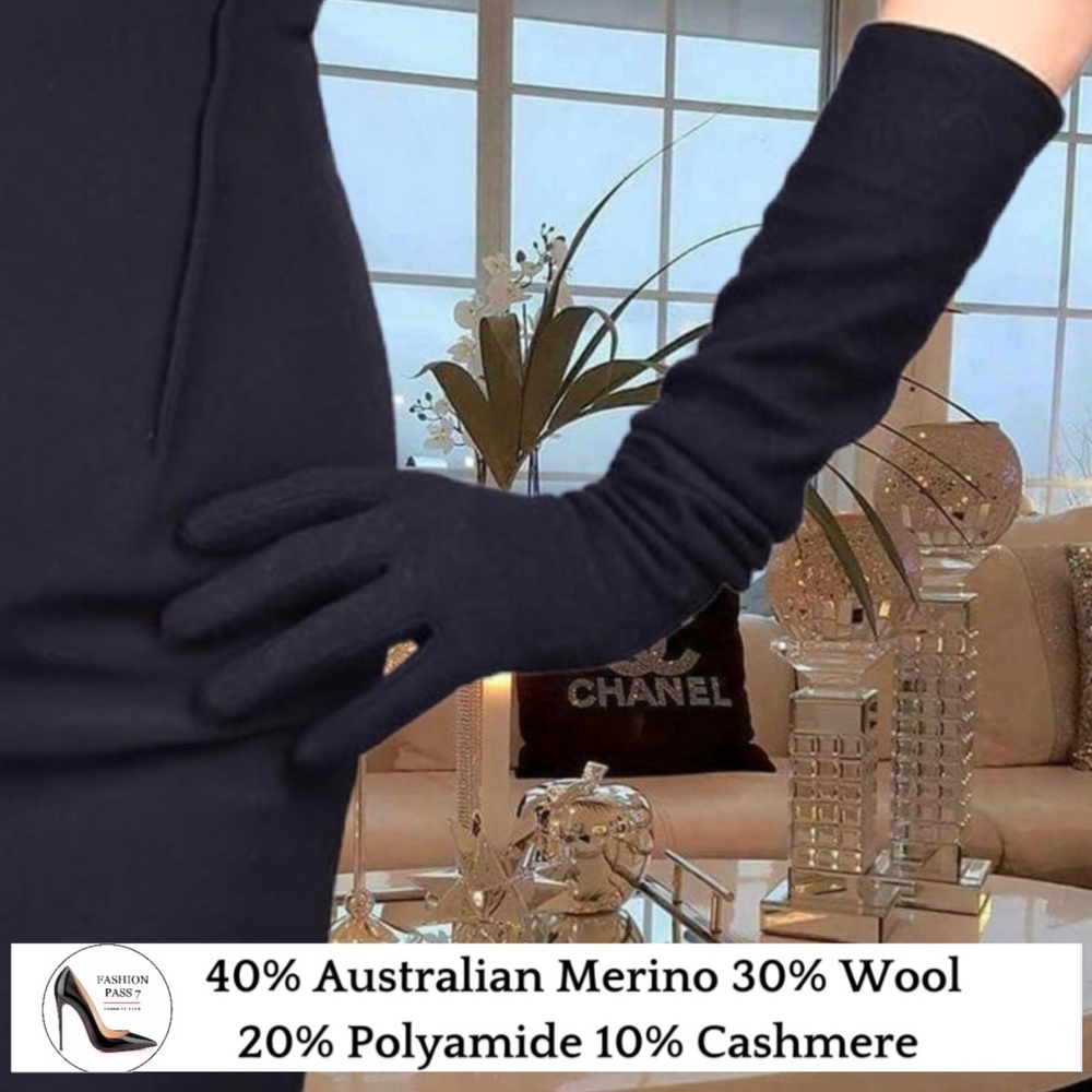 Long Cashmere Merino Wool Gloves Classical Black Opera Driving Winter Warm Glove